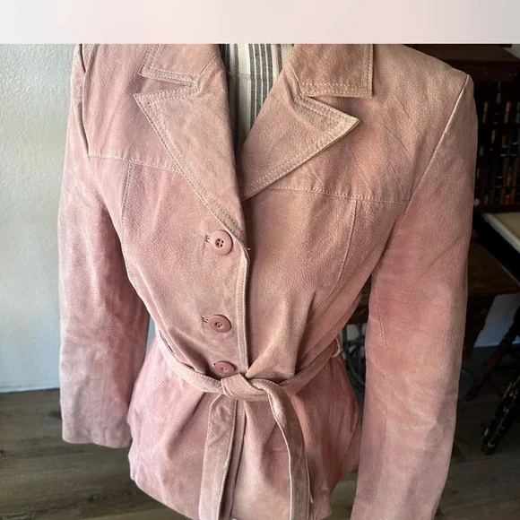 Women's Pink Genuine Leather Suede Jacket - Picture 2 of 7